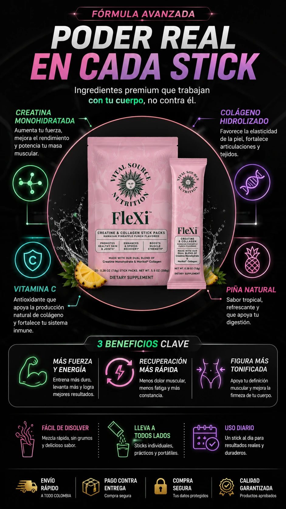Ingredientes de FLEXI: creatina monohidratada, colágeno hidrolizado, vitamina C y piña natural.