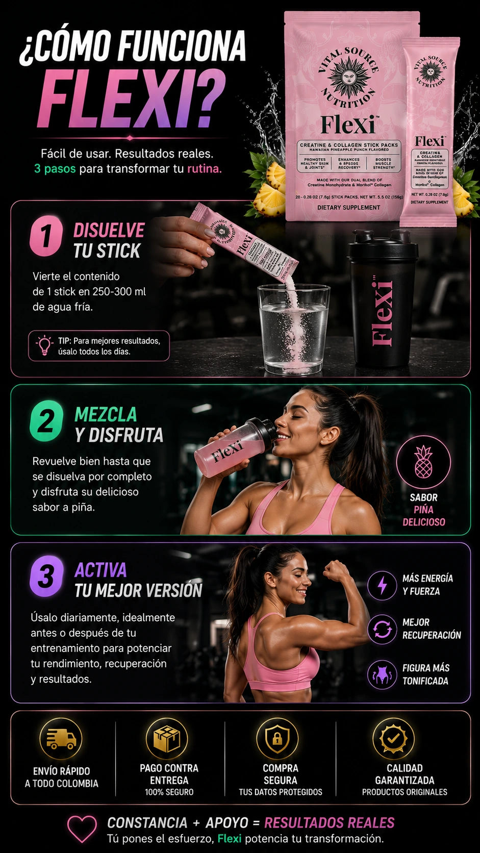 Tres pasos: disolver un stick en agua fría, mezclar y consumir a diario.