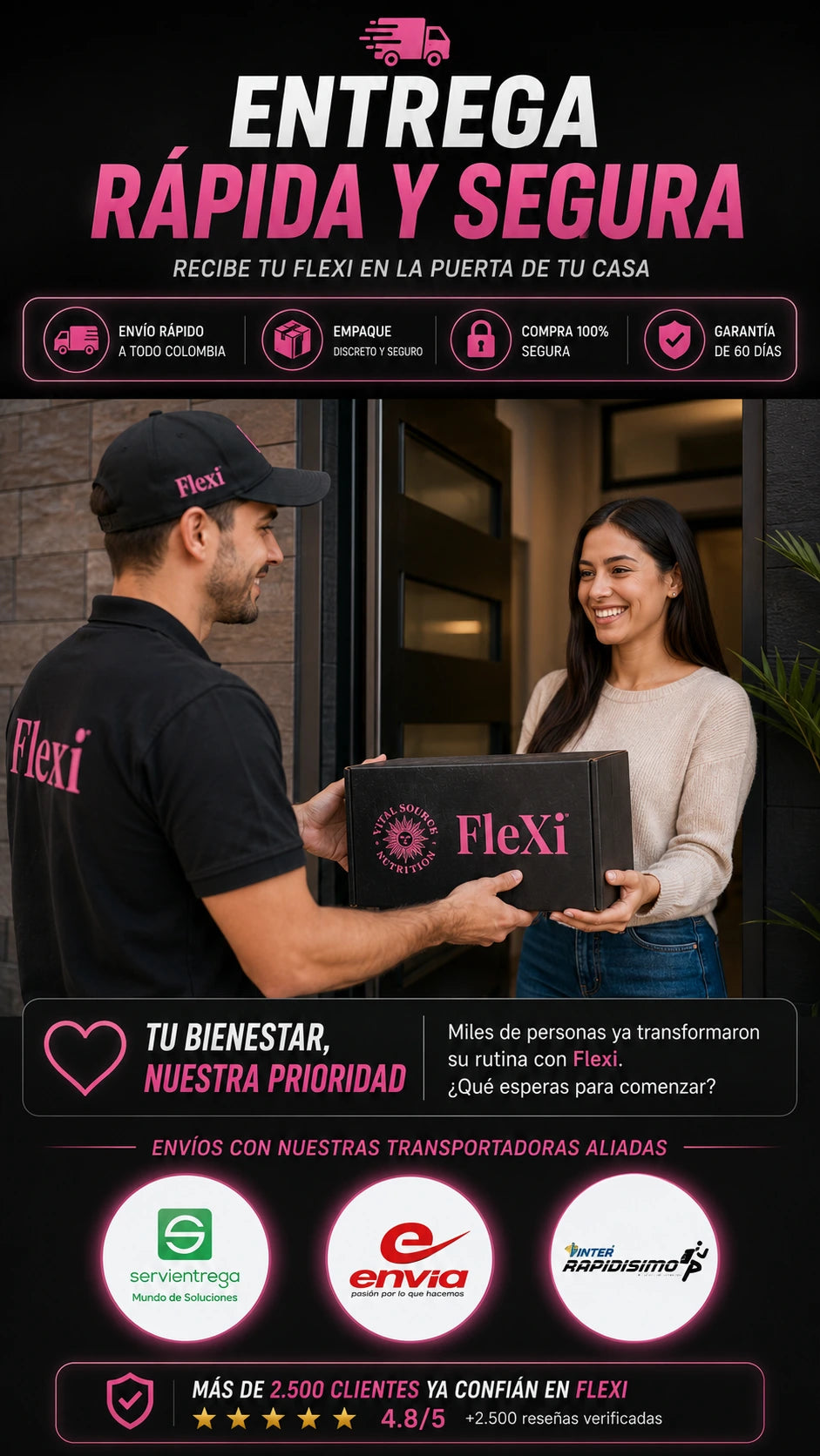 Entrega del pedido de FLEXI en la puerta de casa por transportadora nacional.