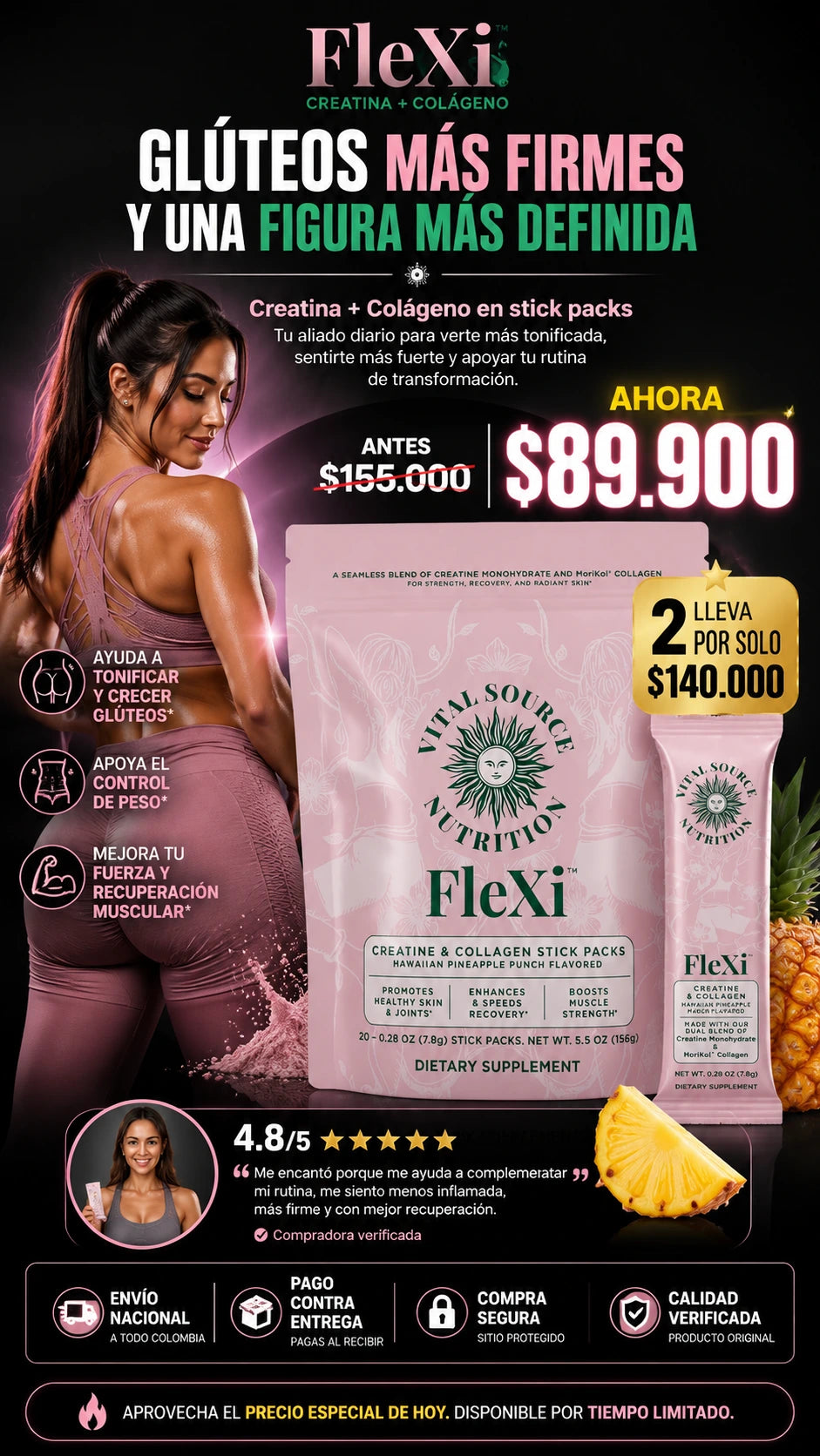 Empaque de FLEXI, creatina y colágeno en sticks sabor piña, con el precio de lanzamiento.