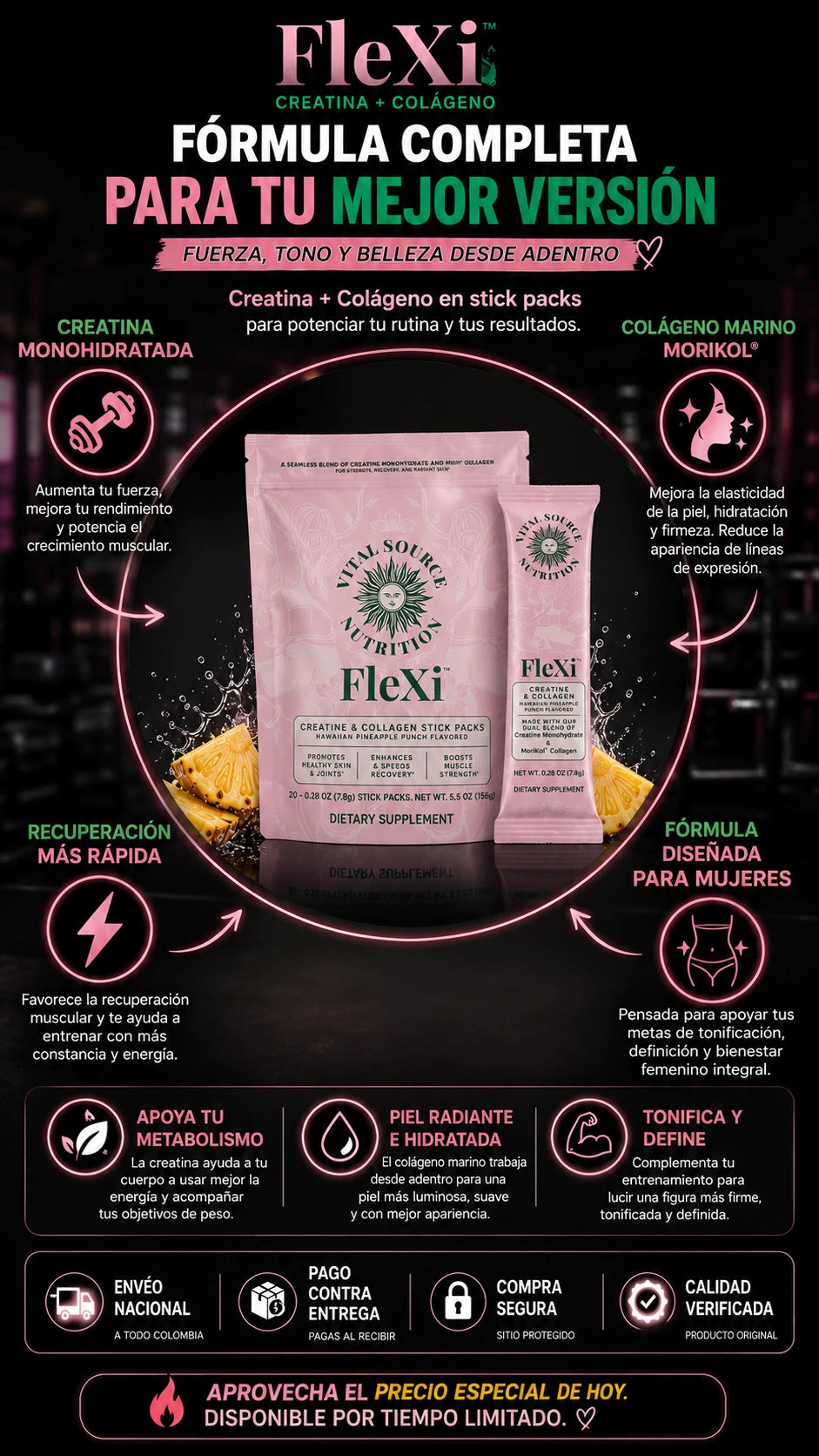 Ingredientes de FLEXI: creatina monohidratada, colágeno hidrolizado, vitamina C y piña natural.